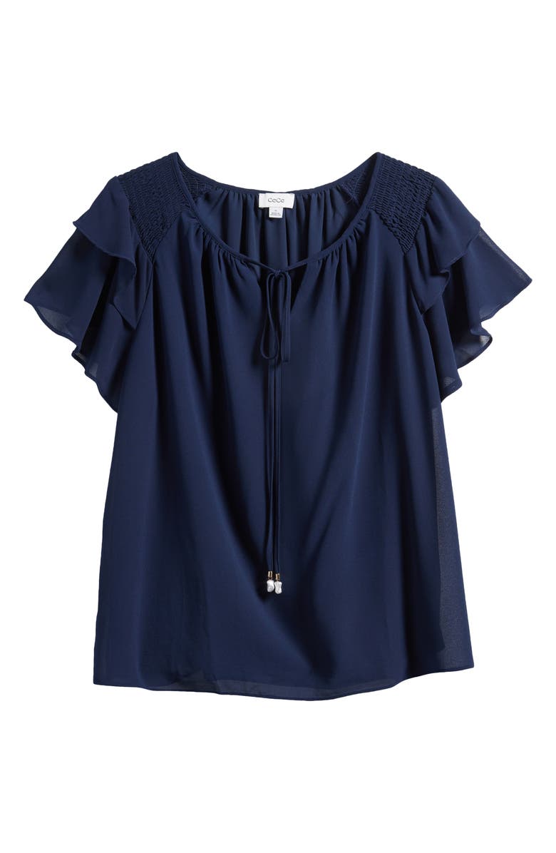 CeCe Ruffle Sleeve Tie Neck Top, Alternate, color, Classic Navy
