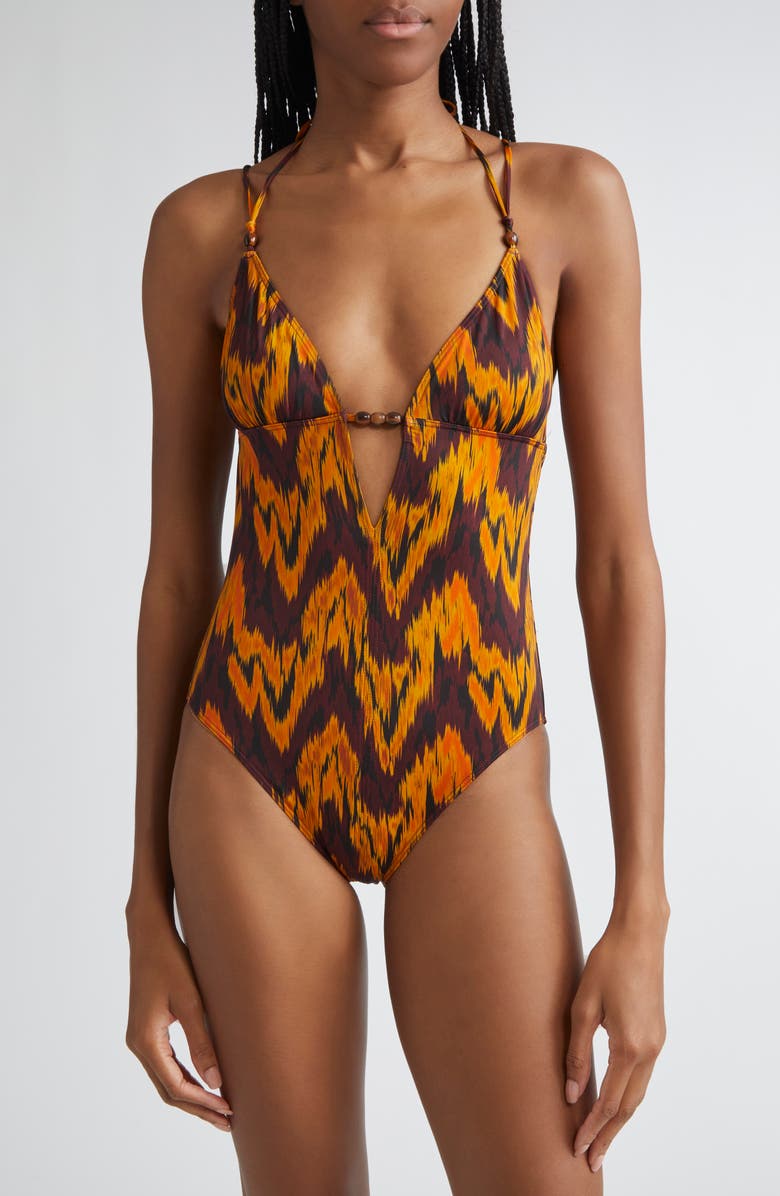 Ulla Johnson Leila Beaded One-Piece Swimsuit, Main, color, Terra