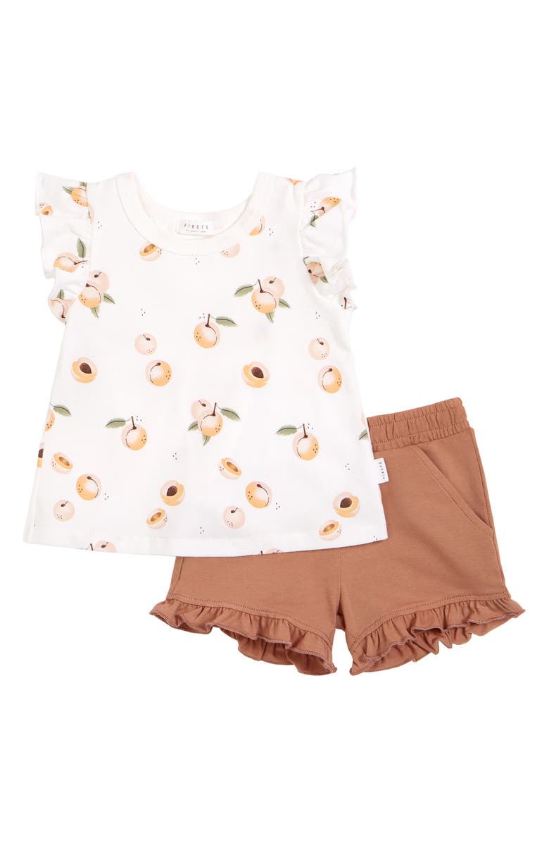 Petit Lem Peach Print Ruffle Organic Cotton T-Shirt & Shorts Set, Main, color,