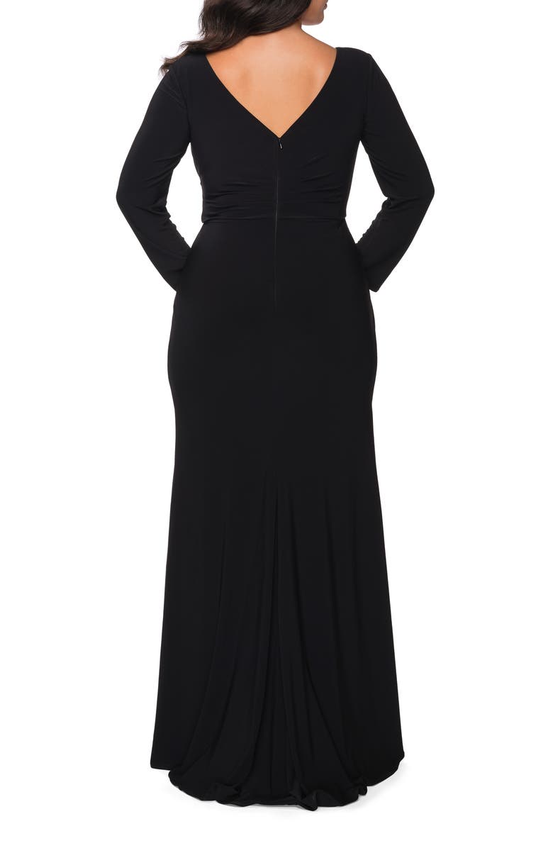La Femme Long Sleeve Curvy Prom Dress with Ruching, Alternate, color, Black