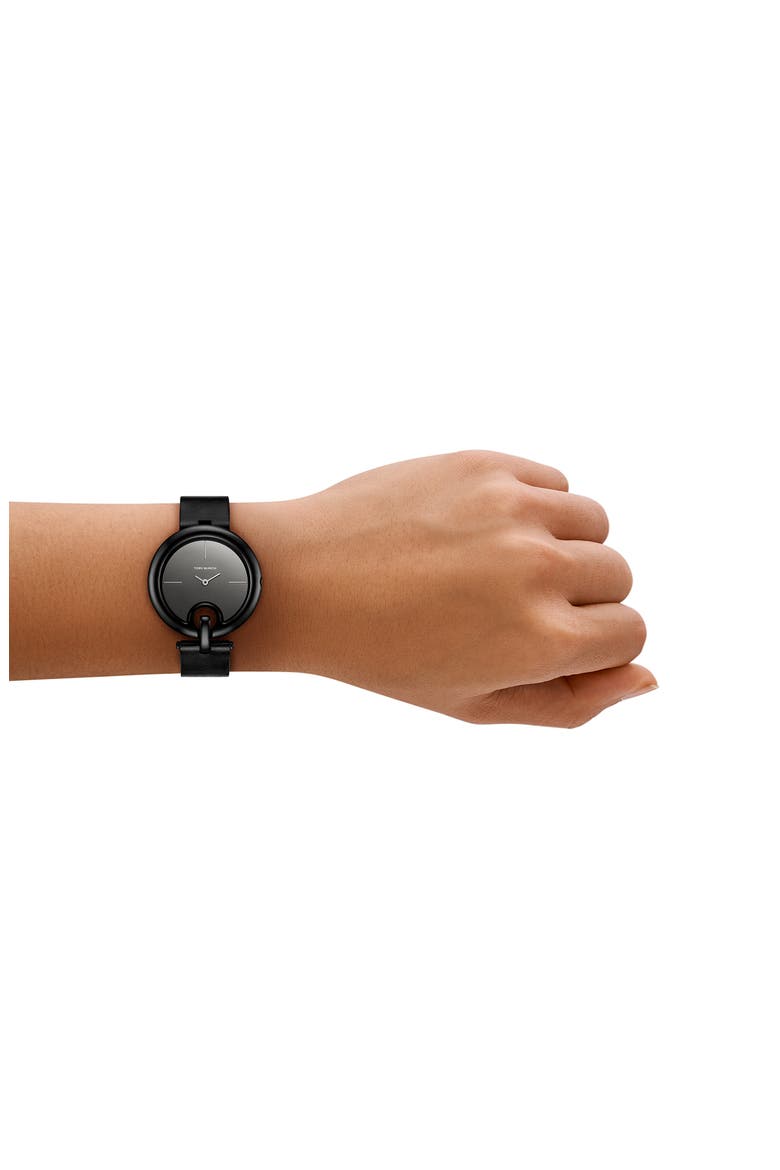 The Pierced Leather Strap Watch, 36mm, Alternate, color, BLACK
