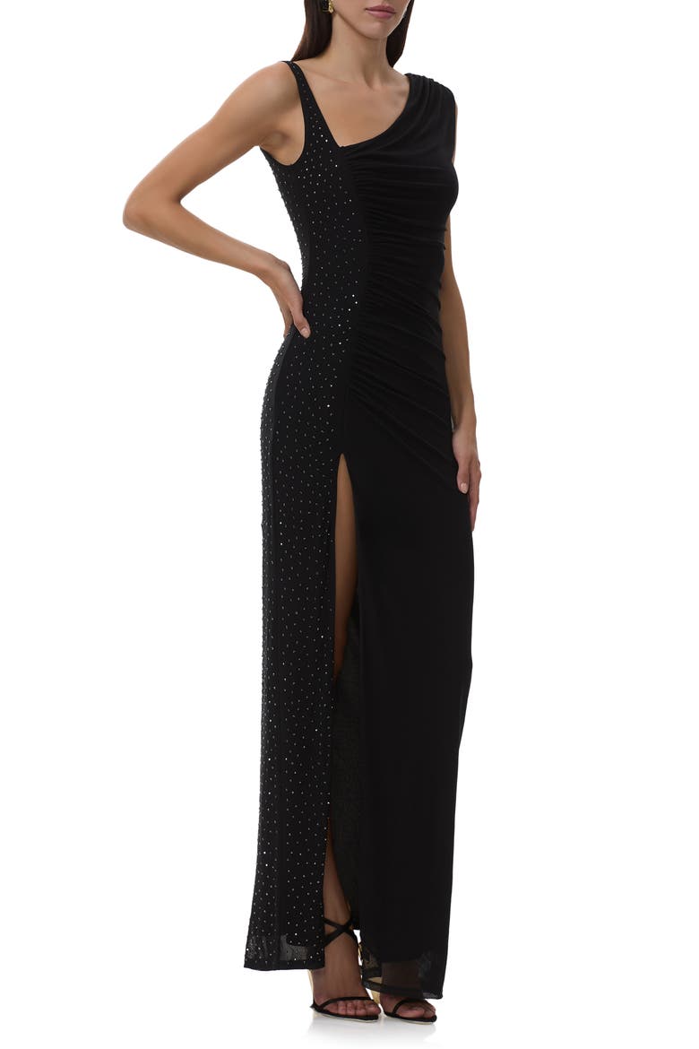 Becky Rhinestone Shirred Cocktail Dress, Alternate, color, NOIR