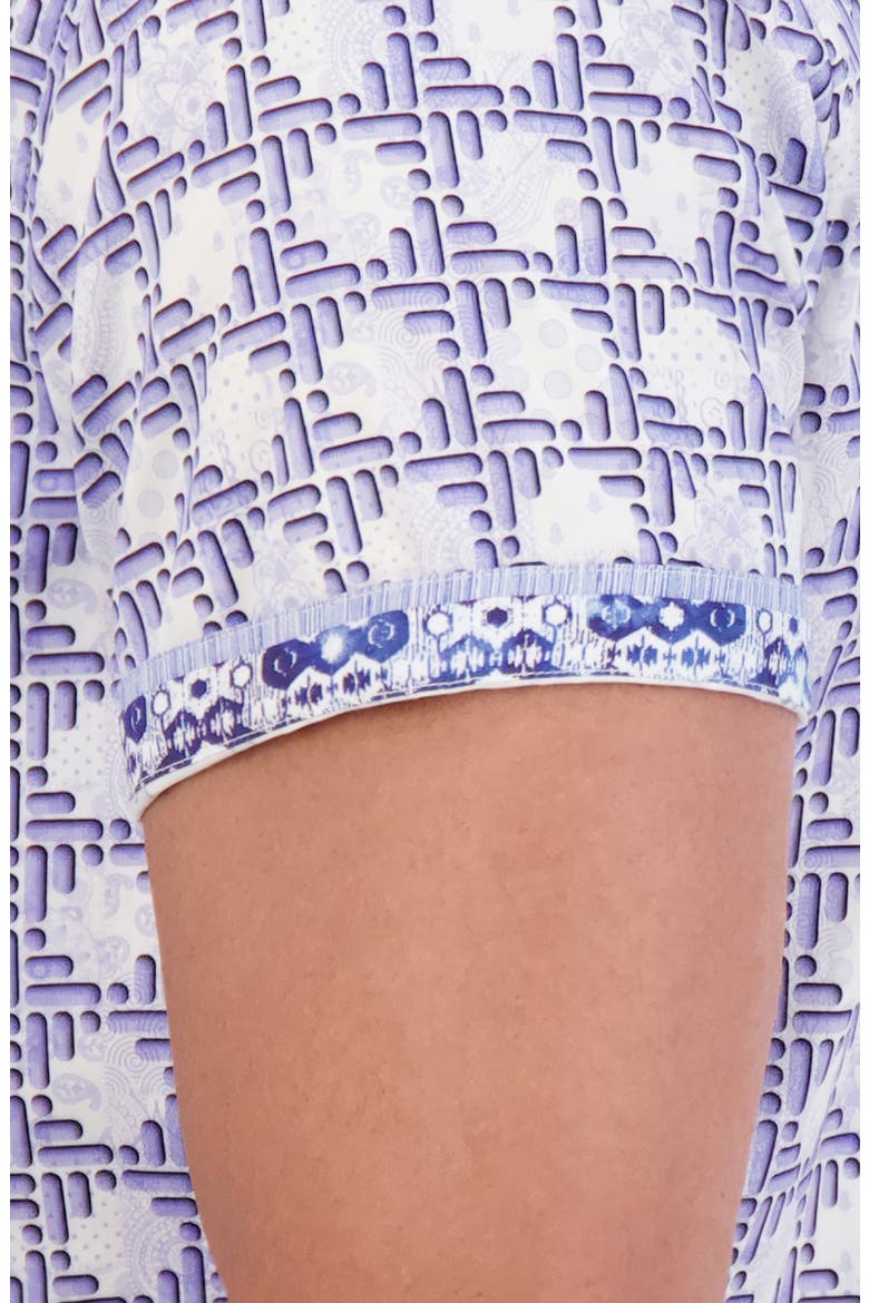 Geo Print Short Sleeve Cotton Button-Up Shirt, Alternate, color, BLUE