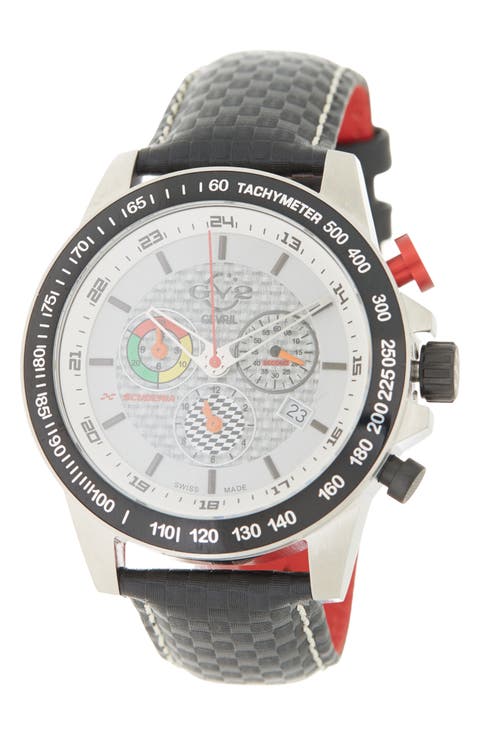 Men's GV2 Scuderia White Dial Black Leather Chronograph Date Watch, 45mm