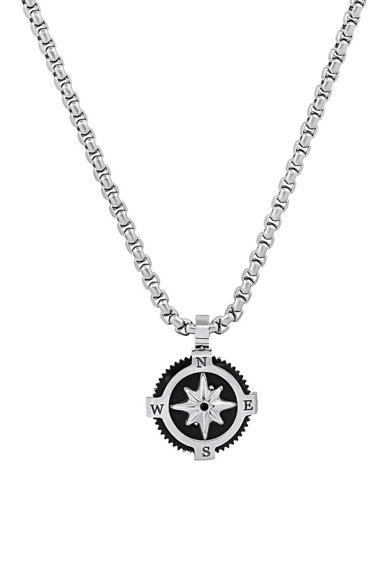 Men's Black Enamel Compass Pendant Necklace, Alternate, color, SILVER/ BLACK
