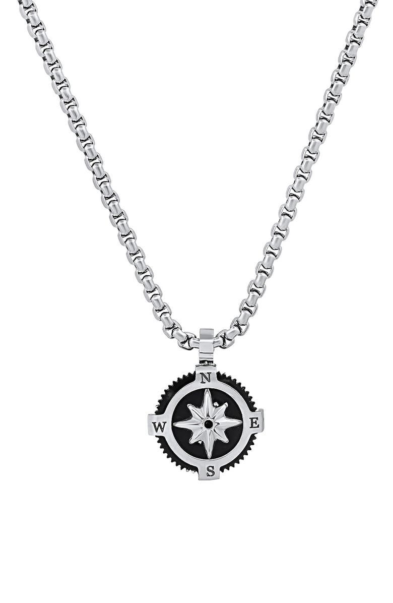 HMY JEWELRY Men's Black Enamel Compass Pendant Necklace, Main, color, Silver/ Black