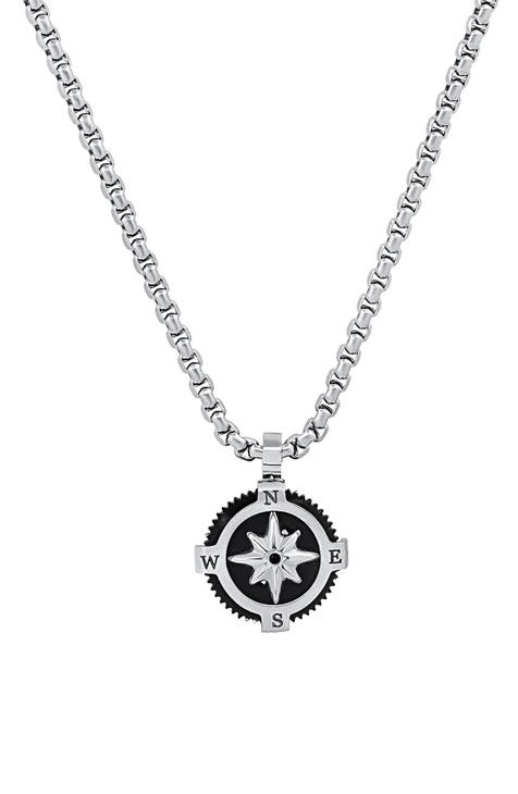 Men's Black Enamel Compass Pendant Necklace