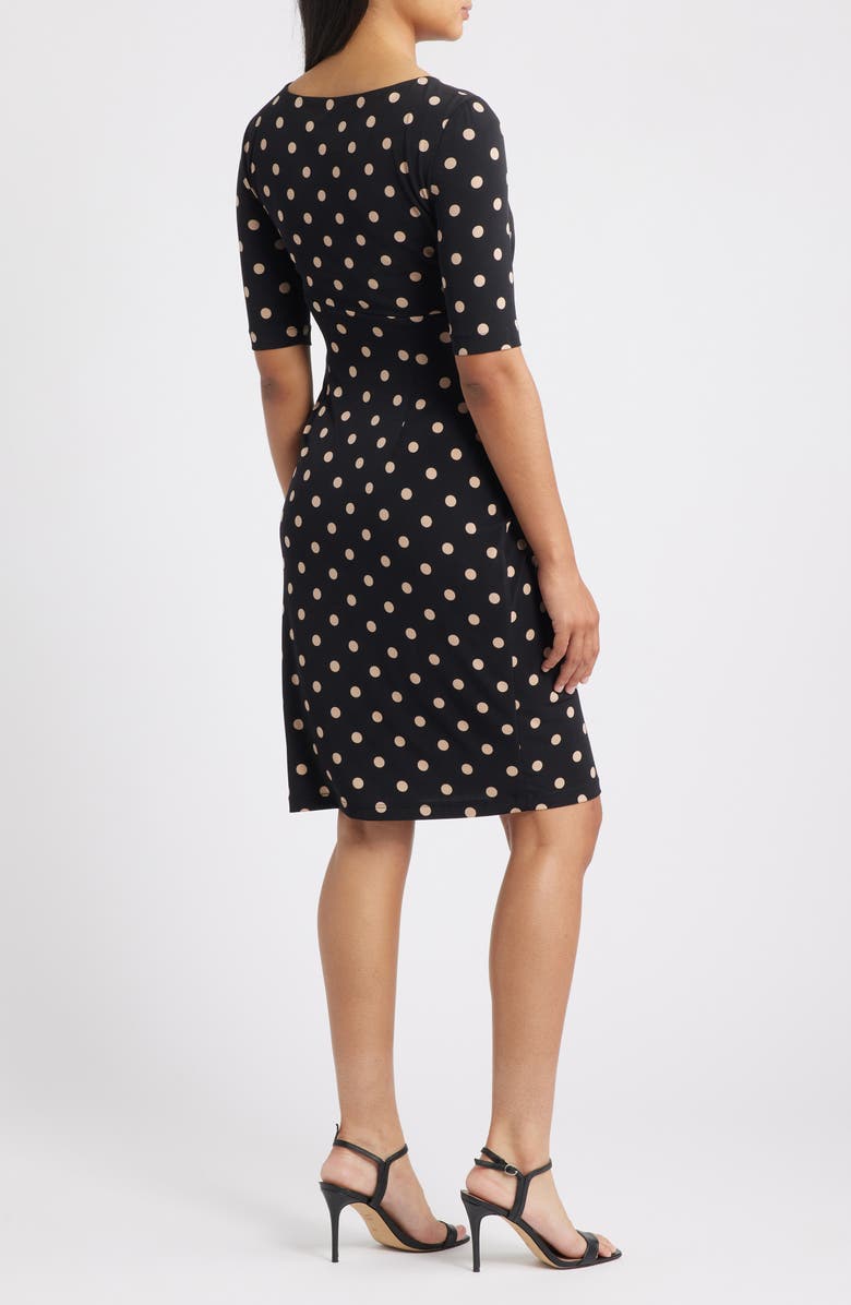 Connected Apparel Polka Dot Faux Wrap Dress, Alternate, color, Black/ Camel