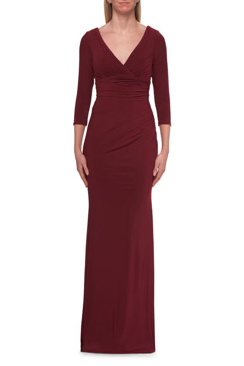 V-Neck Ruched Gown with Three-Quarter Sleeves