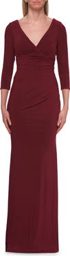 La Femme V-Neck Ruched Gown with Three-Quarter Sleeves