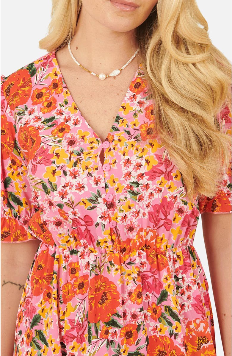 Yumi Short Sleeve V-Neck Printed Midi Dress, Alternate, color, Pink