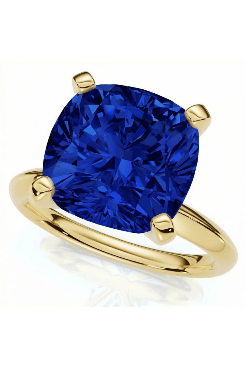 5Ct Cushion Blue Sapphire Solitaire Ring 14k Gold Lab Grown 10MM, Main, color, 14k Yellow Gold