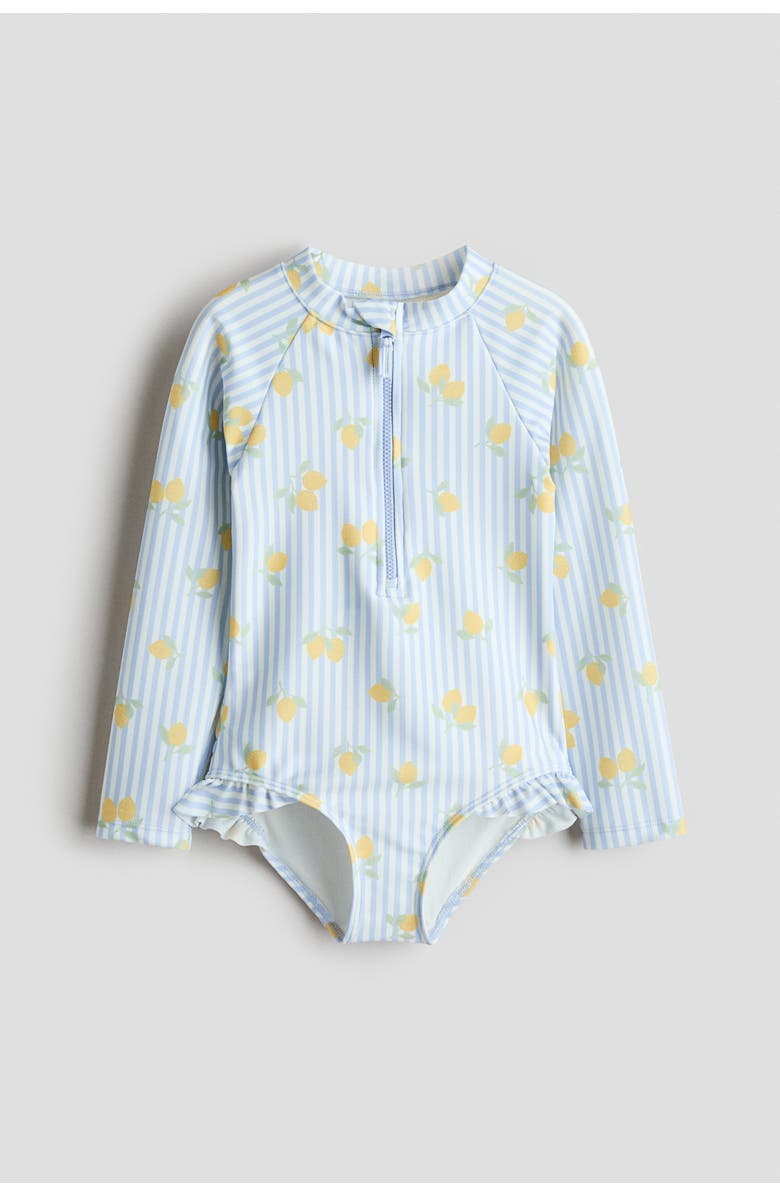 H&M Long-sleeved Swimsuit, Main, color, Light Blue/Lemons