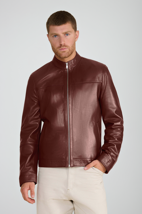 Furniq Uk Otis Racer Leather Jacket In Burgundy