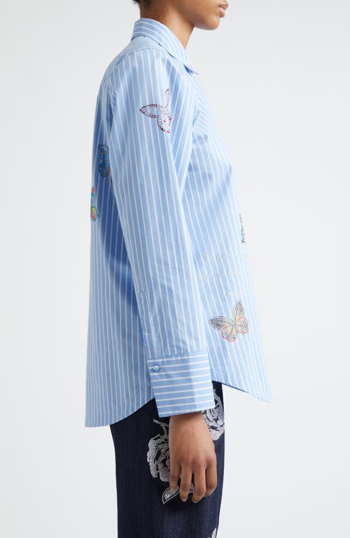 Cinq À Sept Lisa Beaded Butterfly Stripe Cotton Blend Button-up Shirt In Blue