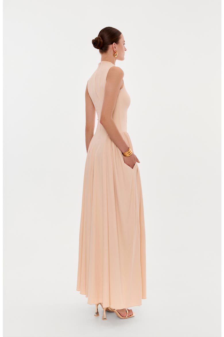 Sleeveless mock neck dress with a pleated maxi skirt, Alternate, color, Nude