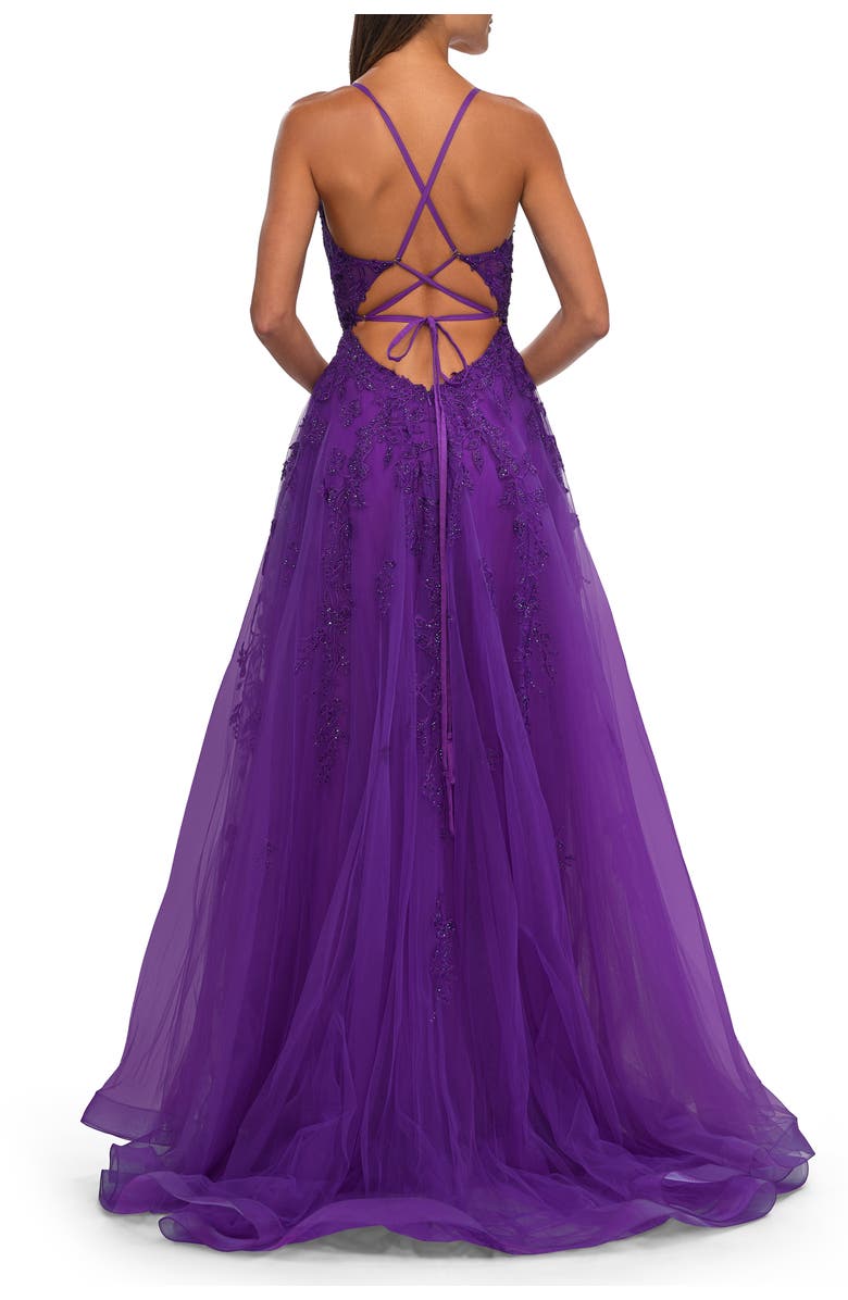 La Femme A-Line Tulle Prom Dress with Lace Applique Sheer Bodice, Alternate, color, Royal Purple