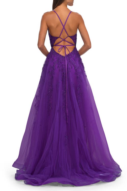 La Femme A-line Tulle Prom Dress With Lace Applique Sheer Bodice In Royal Purple