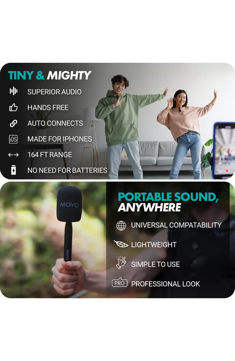 MOVO Wireless Mini DI Duo Dual Ultra Compact Wireless Lavalier Microphones for iPhone with Handheld Adapter, Alternate, color, Black