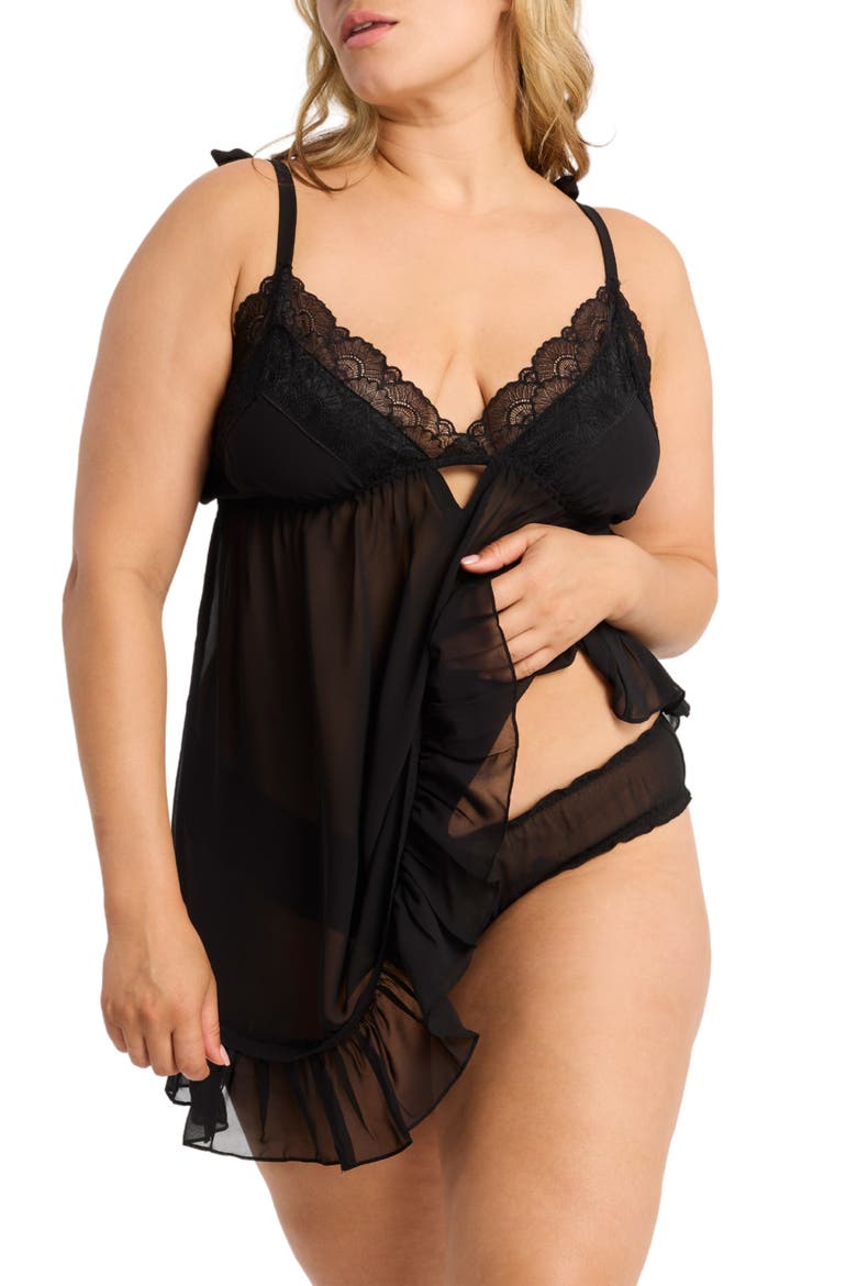 Dahlia Chiffon Babydoll Chemise & Panties Set, Alternate, color, BLACK