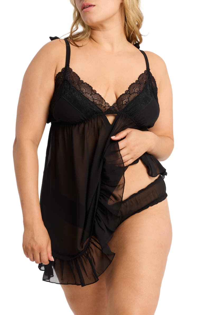 Rya Collection Dahlia Chiffon Babydoll Chemise & Panties Set, Alternate, color, Black