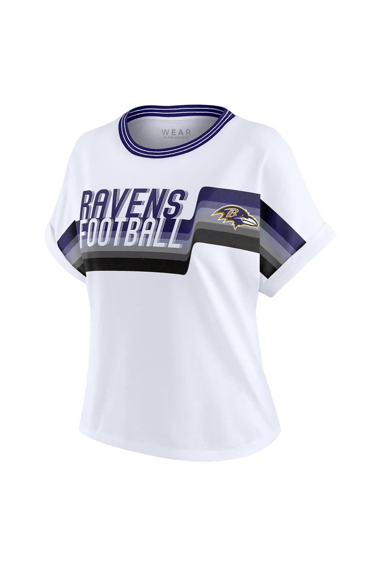 Women's WEAR by Erin Andrews White Baltimore Ravens Cropped Center Stripe Dolman T-Shirt, Alternate, color, White