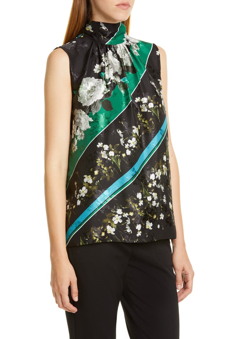 Floral Stripe Tie Neck Top, Alternate, color, BLACK / WHITE