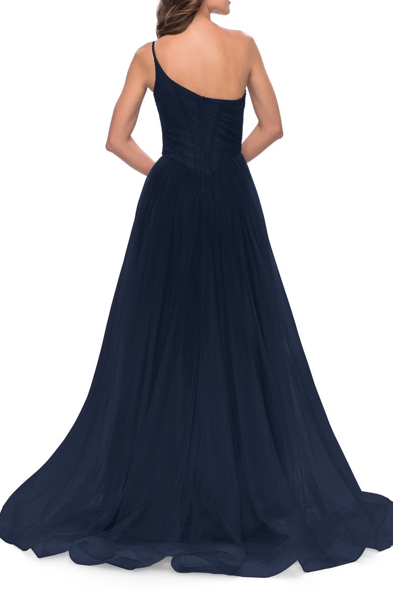 One Shoulder A-Line Tulle Gown with Sheer Bodice, Alternate, color, Navy