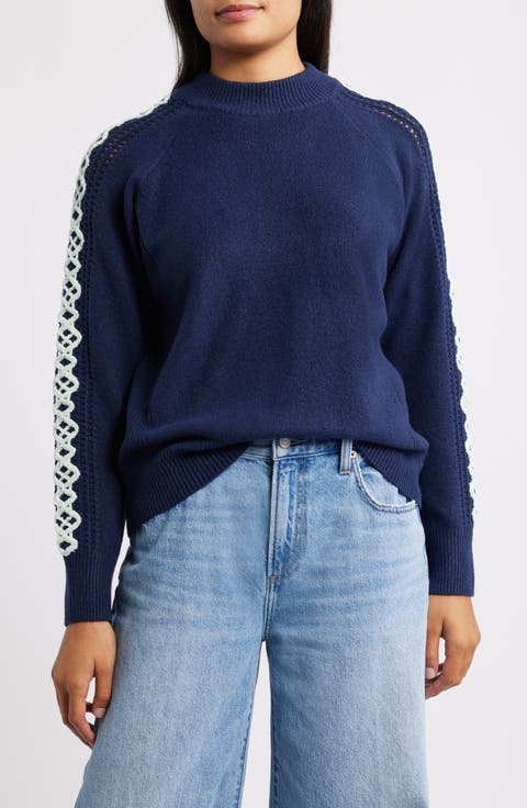 Embroidered Sleeve Mock Neck Sweater