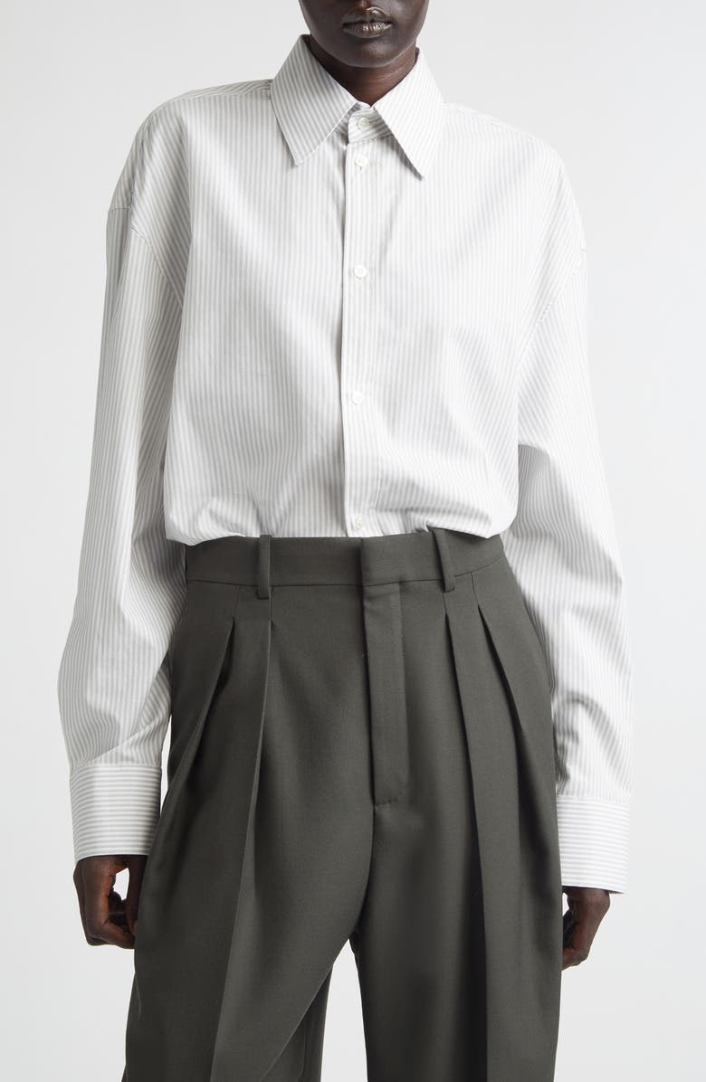 Saint Laurent Stripe Longline Cotton Button-Up Shirt, Main, color, Blanc Gris