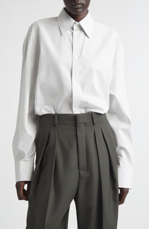 Stripe Longline Cotton Button-Up Shirt