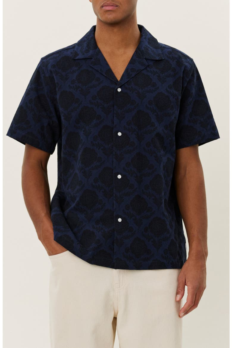 Lesley Flower Tile Organic Cotton Camp Shirt, Main, color, NAVY/ DARK NAVY