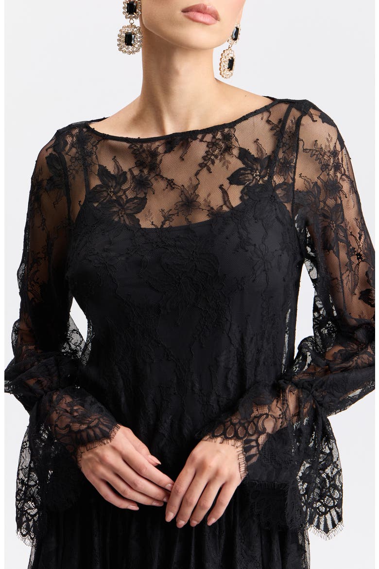 Lace Long Sleeve Drop Waist Midi Dress, Alternate, color, BLACK