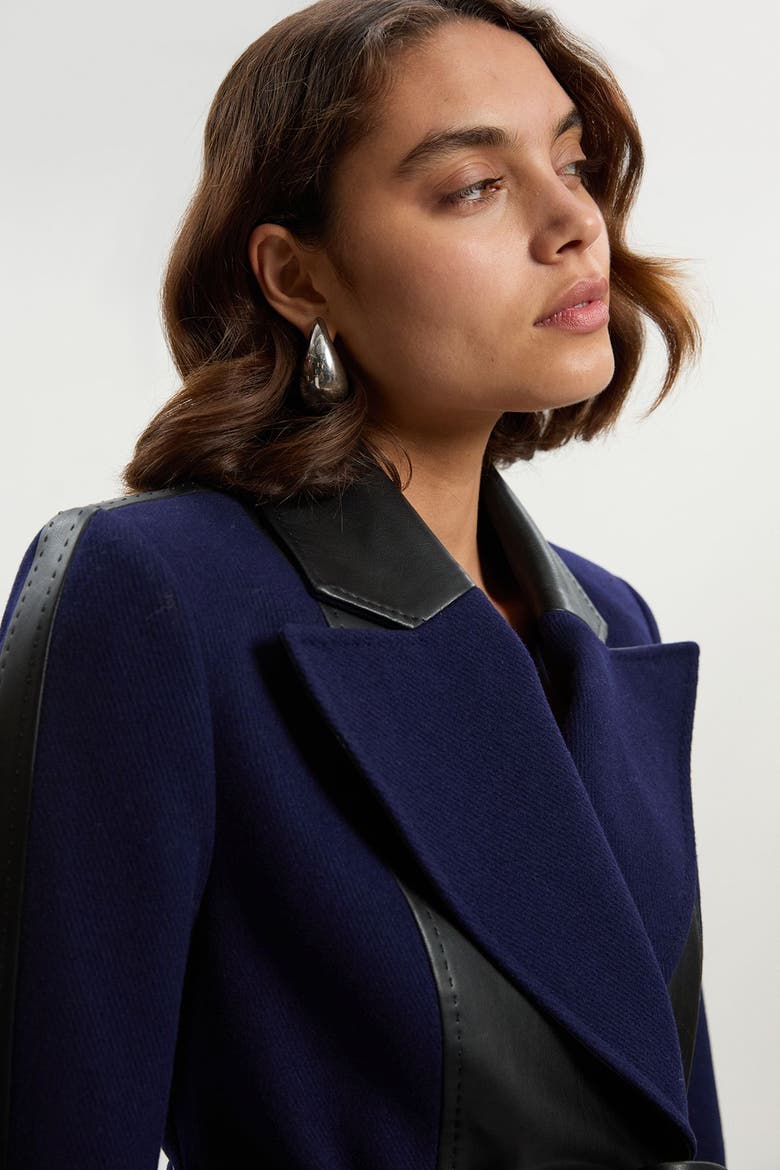 Wool Pu Mix Belted Midi Coat, Alternate, color, Navy