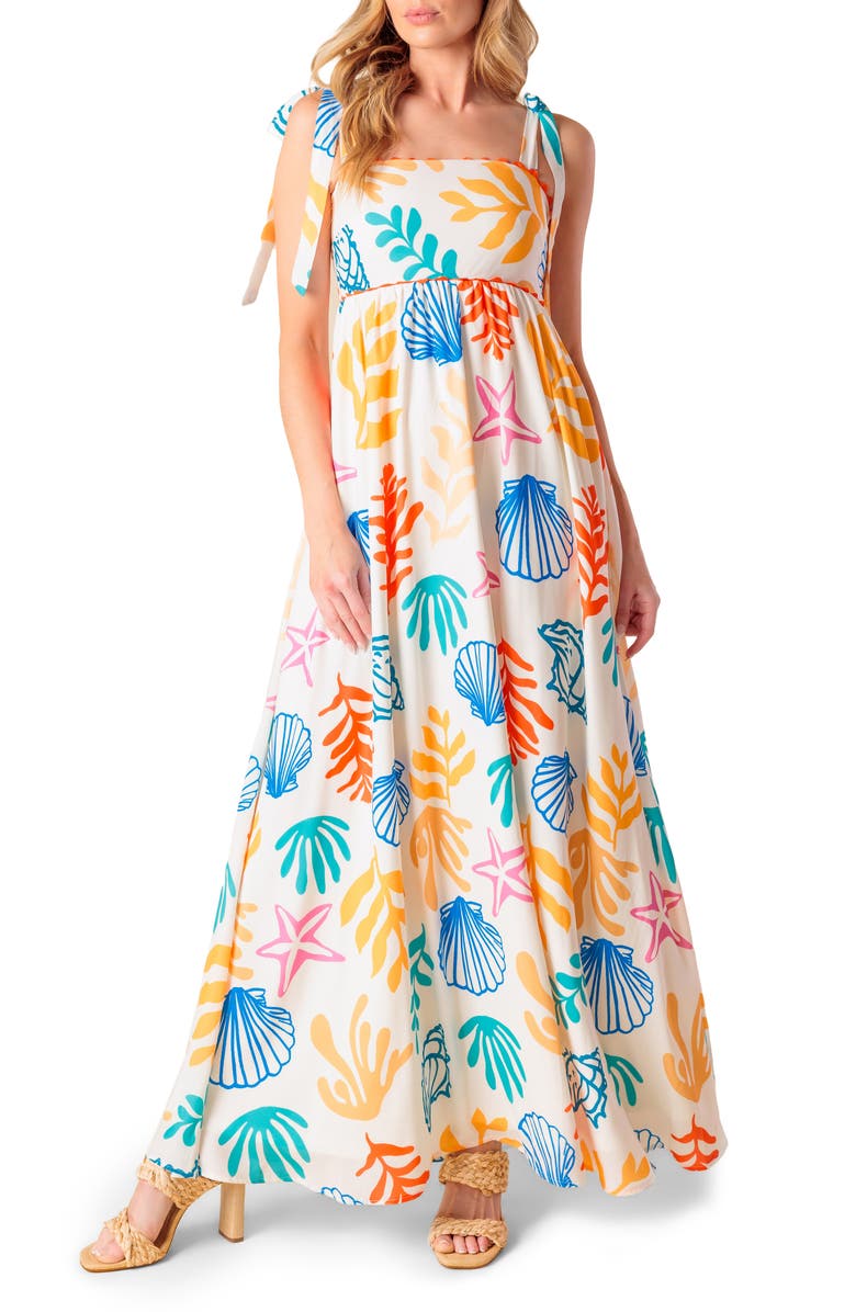 FLYING TOMATO Beach Tie Strap Empire Waist Maxi Dress, Main, color, 