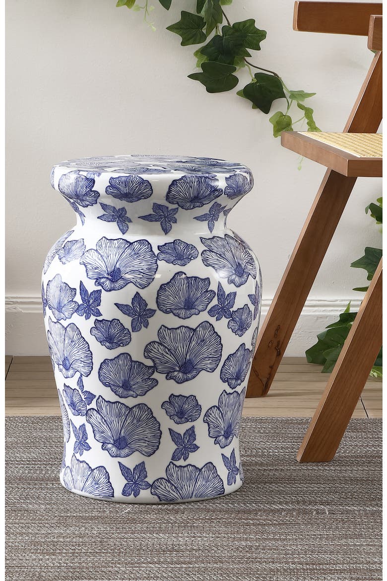Poppies Traditional Floral Chinoiserie Ceramic Drum Garden Stool, Pierced Indoor/Outdoor Patio Seat & Side Table, Alternate, color, White/Blue