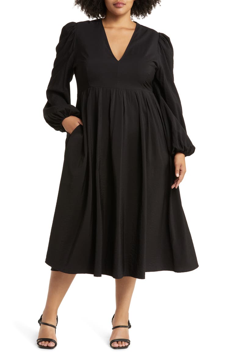 Pleat Puff Shoulder Long Sleeve Dress, Main, color, BLACK