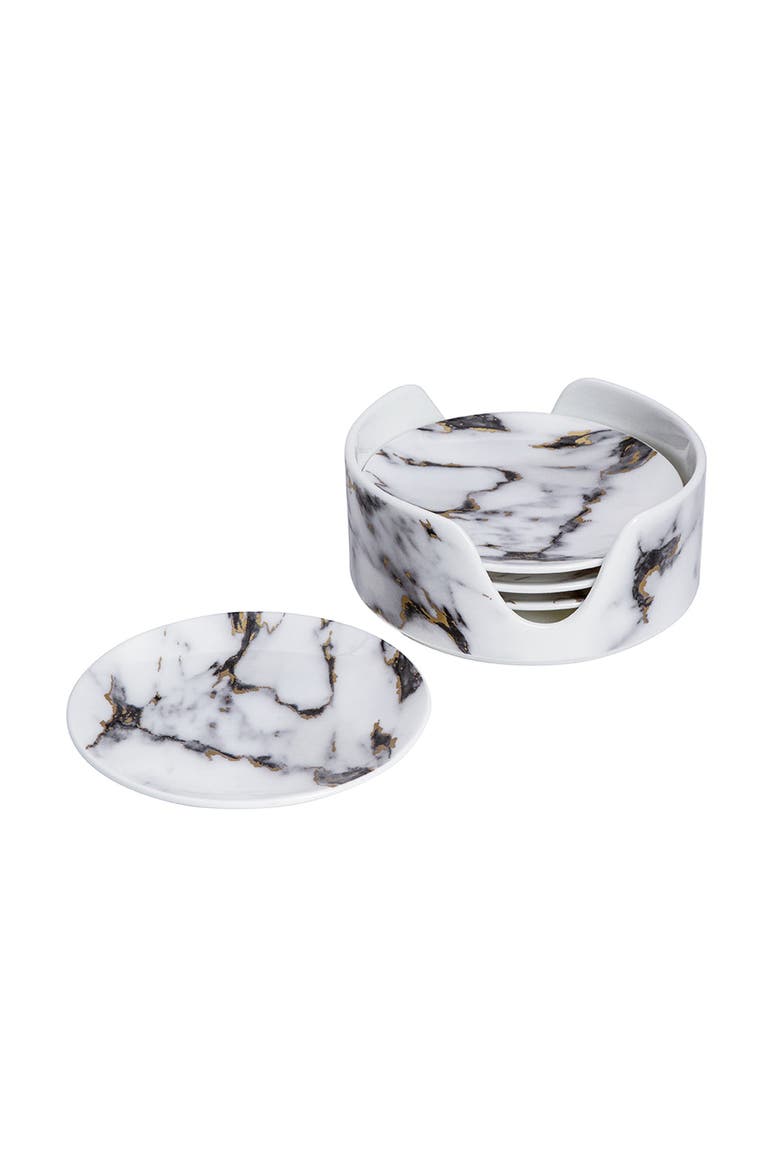Marble Venice Fog Coaster in Holder, Set of 4, Alternate, color, White