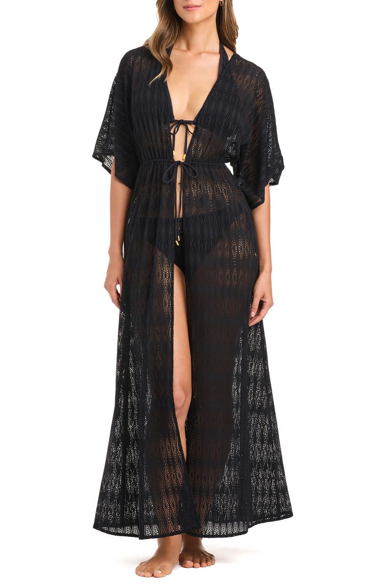 BLEU by Rod Beattie Open Stitch Cover Up Caftan, Main, color, Black