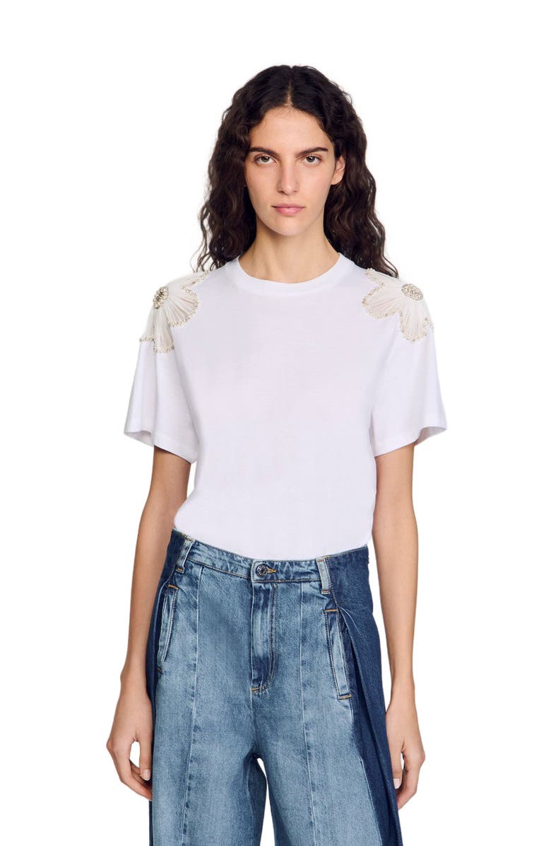 SANDRO T-shirt with embroidered flowers, Alternate, color, 