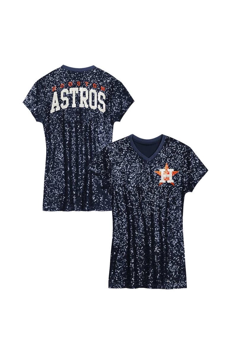 Outerstuff Girls Youth Navy Houston Astros Sequin V-Neck Dress, Alternate, color, Navy