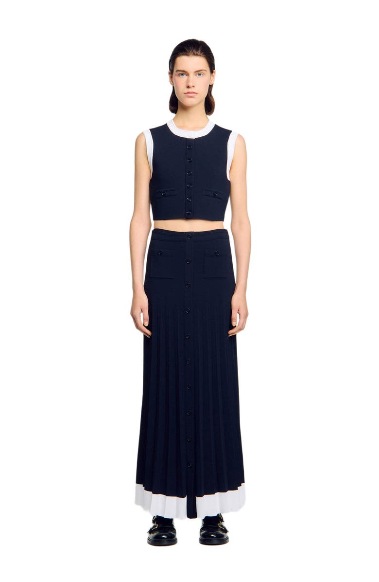 SANDRO Long two-tone knit skirt, Main, color, Navy Blue