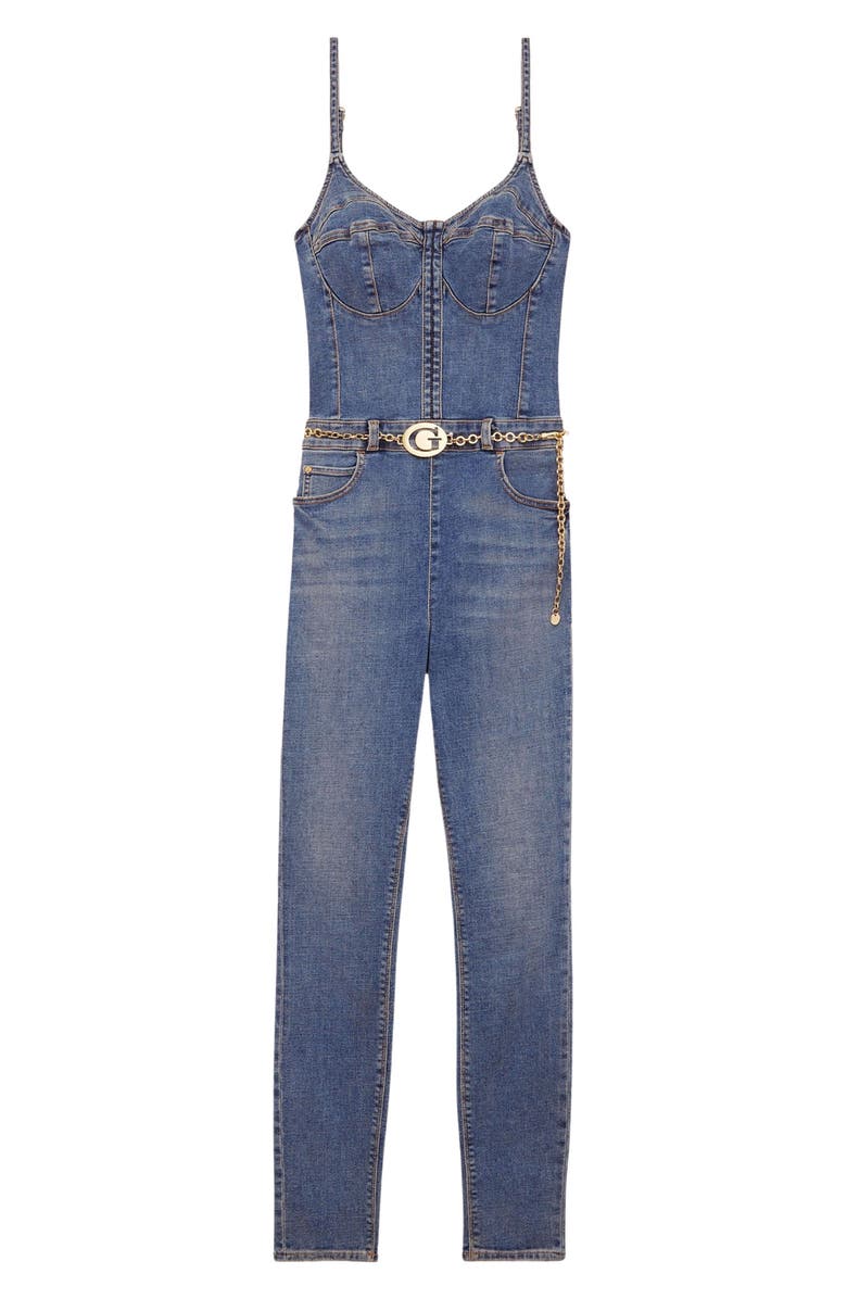 GUESS Chain Belt Denim Jumpsuit, Alternate, color,