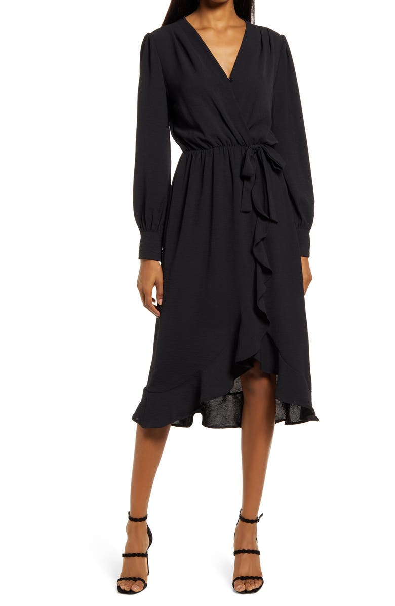 Fraiche by J Faux Wrap Ruffle Long Sleeve Dress, Main, color,