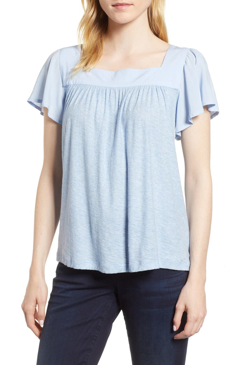 Ruffle Sleeve Mix Media Cotton Blend Blouse, Main, color, LIGHT CHAMBRAY HEATHER