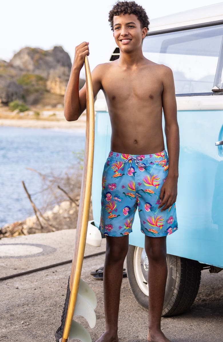 Snapper Rock Kids' Fish Print Swim Trunks, Alternate, color, Blue