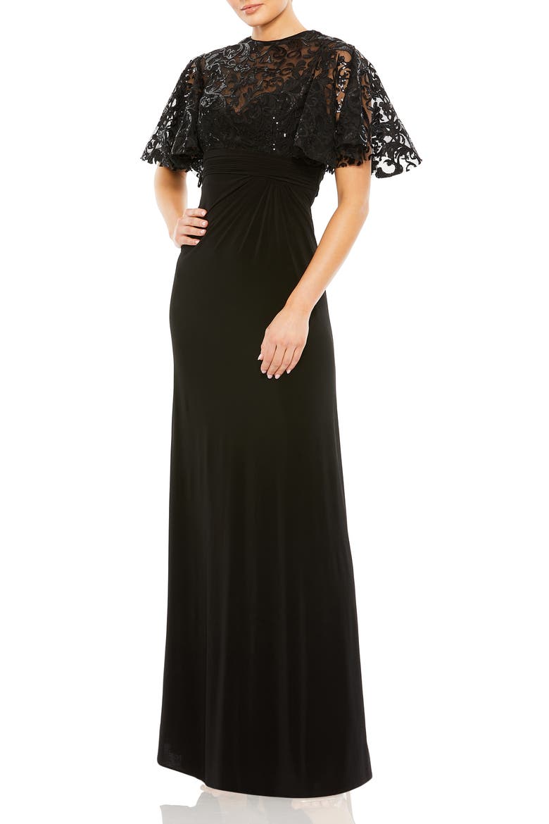 Embellished Butterfly Cape Sleeve Jersey Gown, Main, color, BLACK