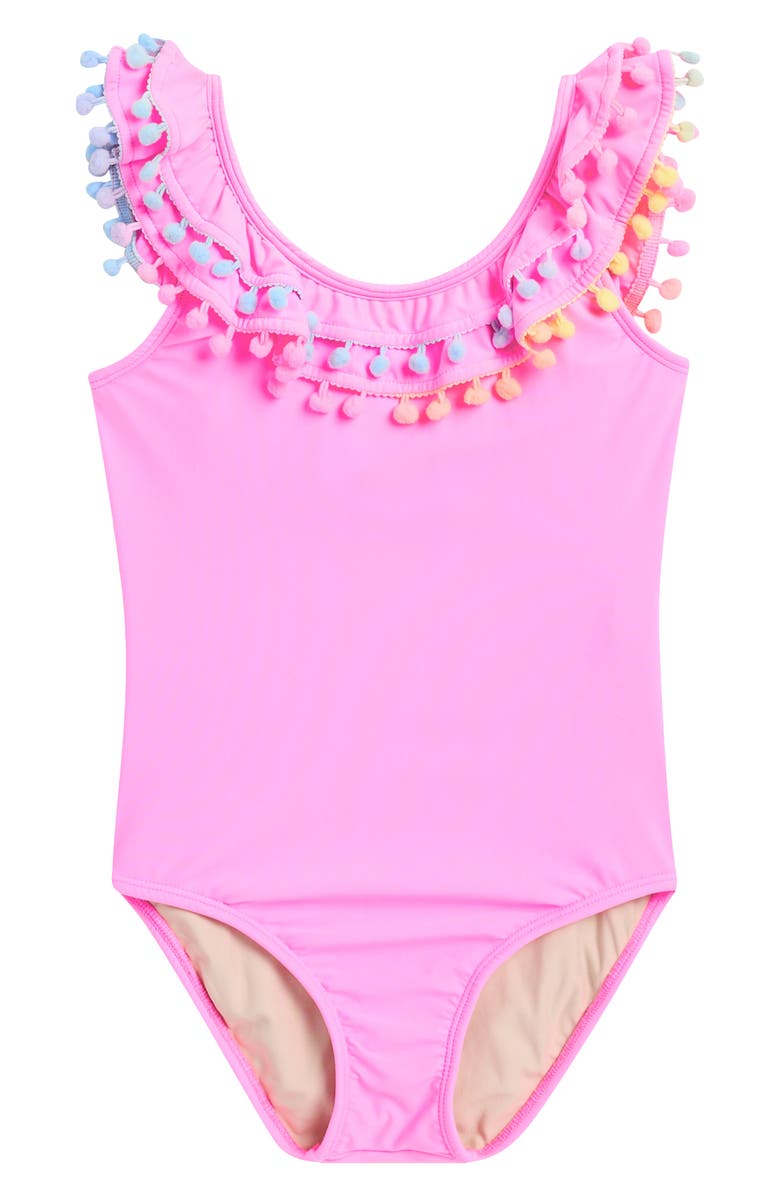 PQ SWIM Kids' Ruffle Pompom One-Piece Swimsuit, Main, color, 