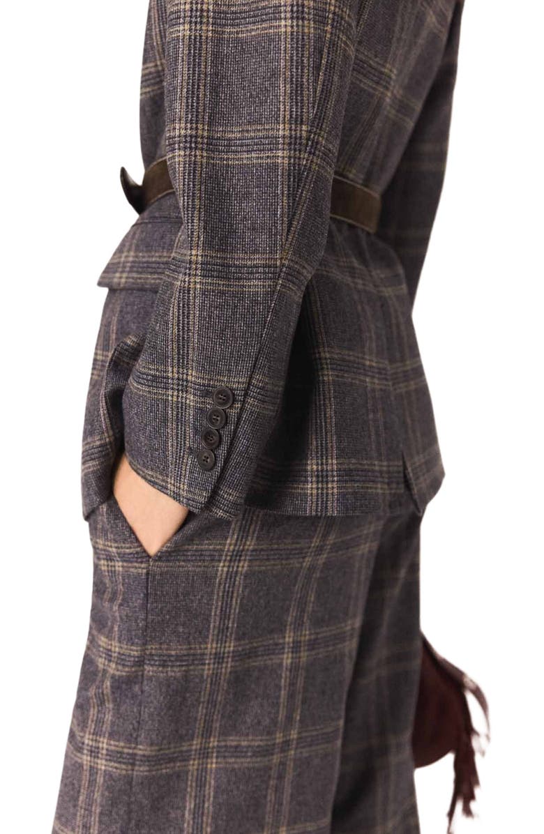 maje Checkered belted suit jacket, Alternate, color, Grey