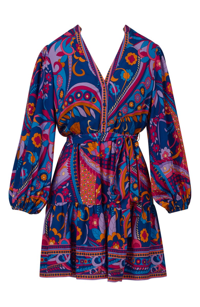 Adrianna Papell Print Tie Waist Long Sleeve Dress, Alternate, color, Blue Multi